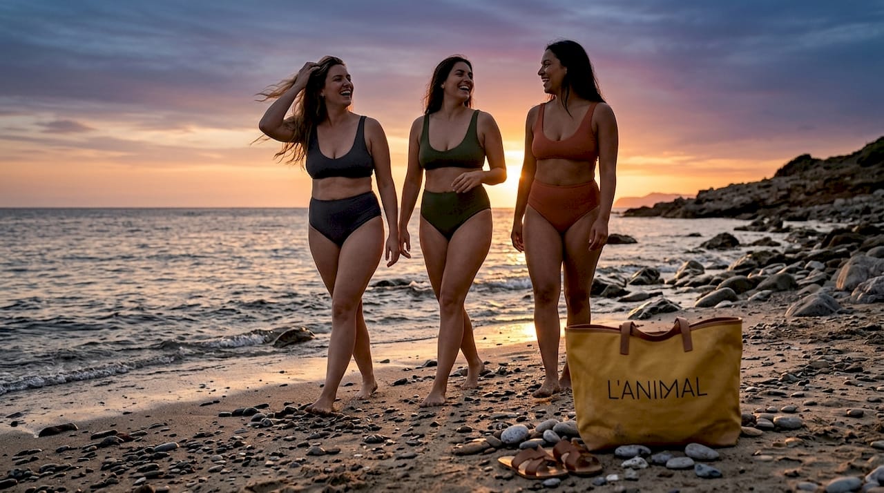 Women of varying body types in high waisted bikinis on beach