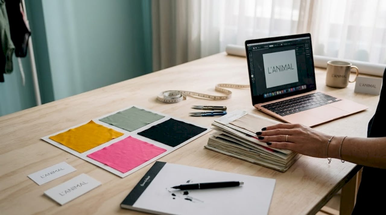 Swimsuit fabric color swatches at designer’s table