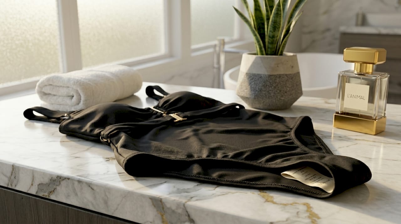 Close-up of swimsuit fabric texture and tag
