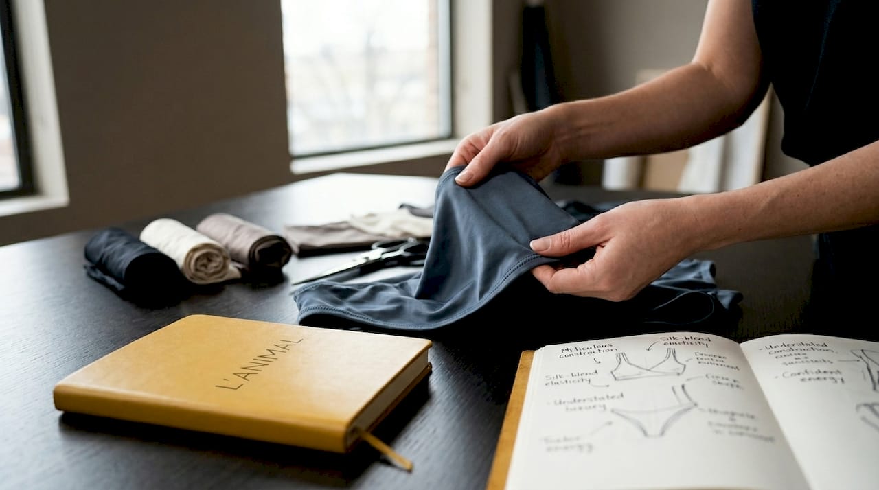 Close-up of premium swimsuit fabric and hands