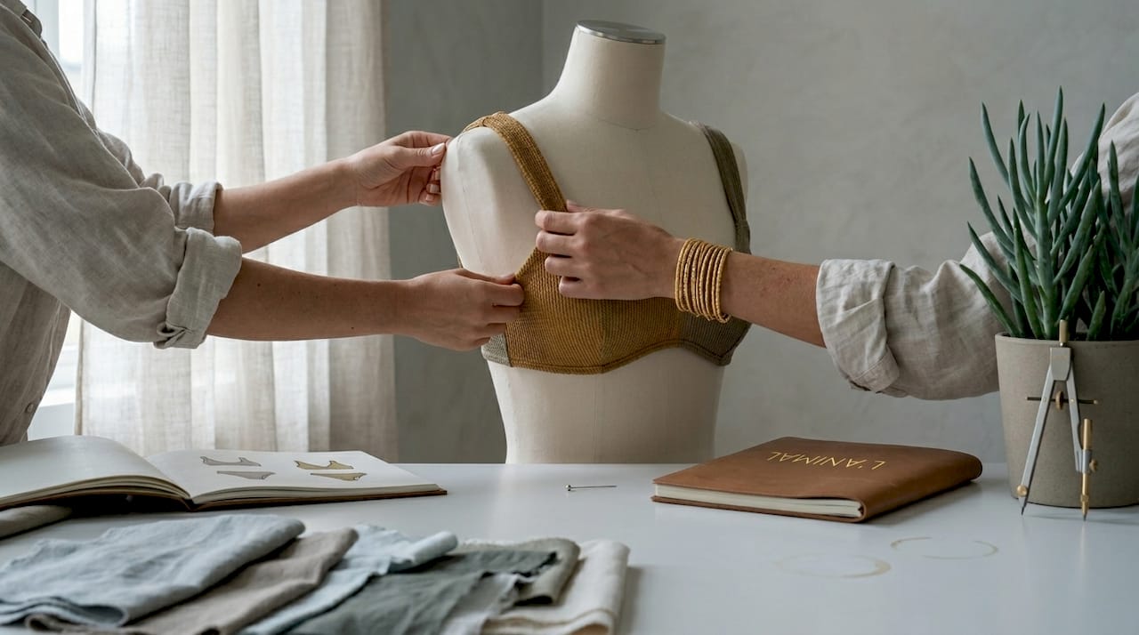 Stylist adjusting thick bikini straps on mannequin