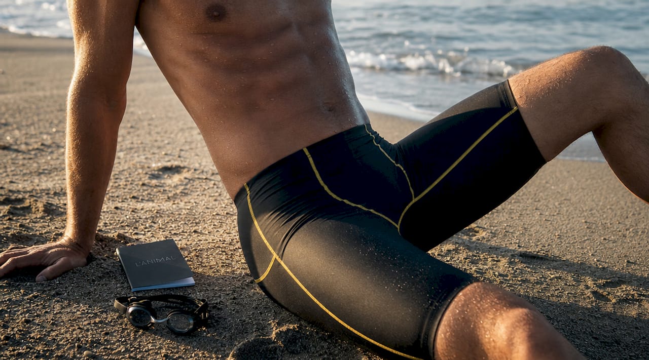 Close-up of compression swimwear fabric and seams