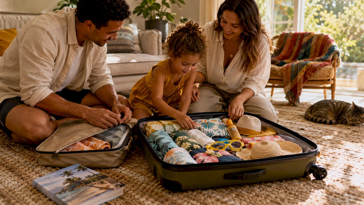 Parents packing matching swimsuits into suitcase