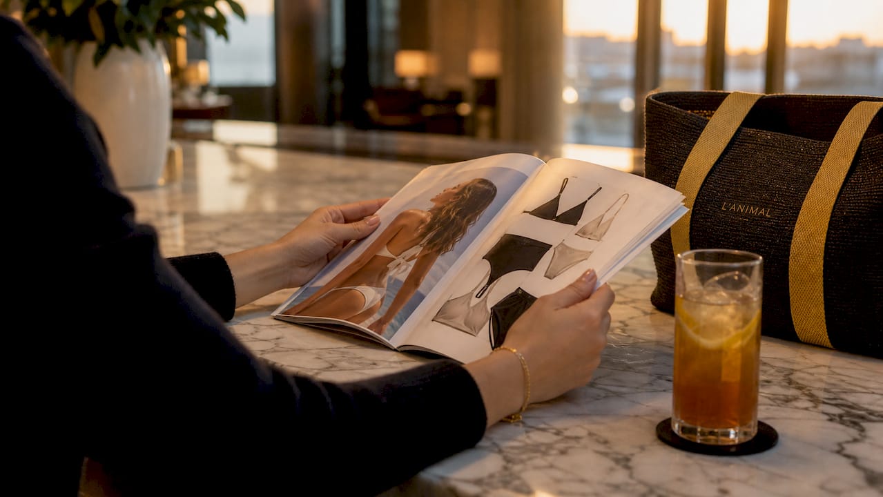 Hands browsing swimwear catalog in café