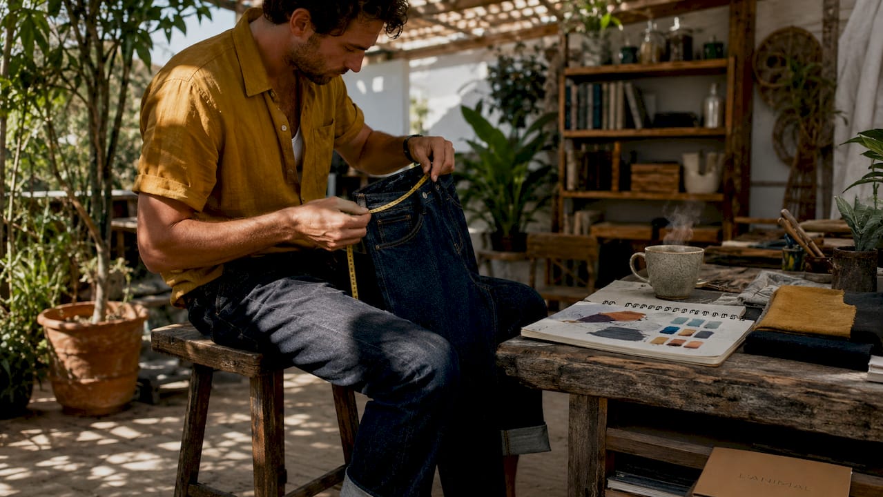 Designer measuring denim jeans in studio