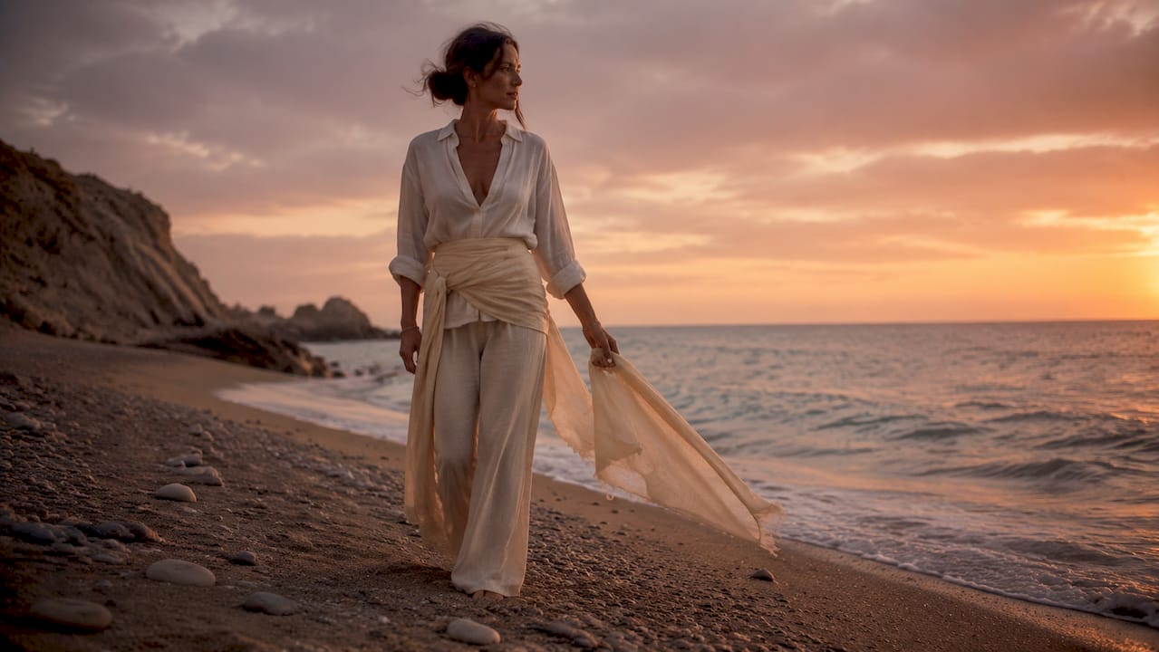 Woman wearing high-waisted sarong walking on beach