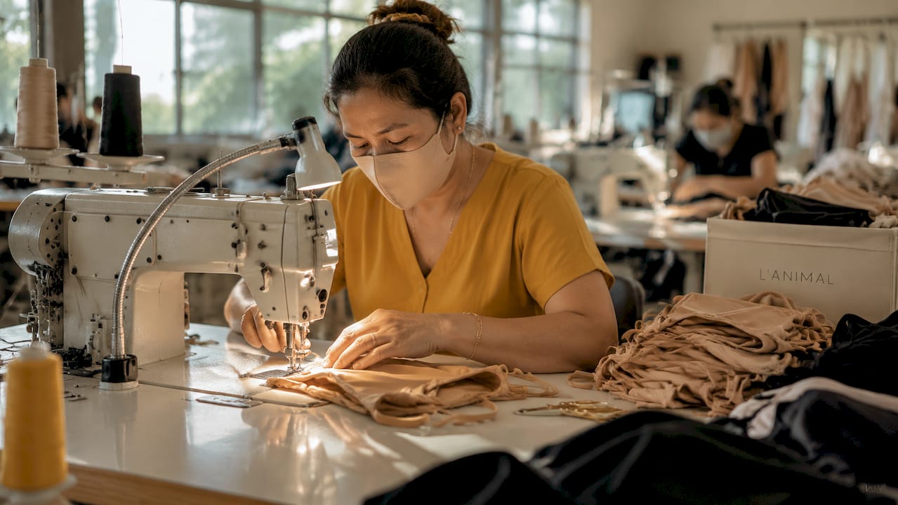 Garment worker sewing swimsuit in ethical factory