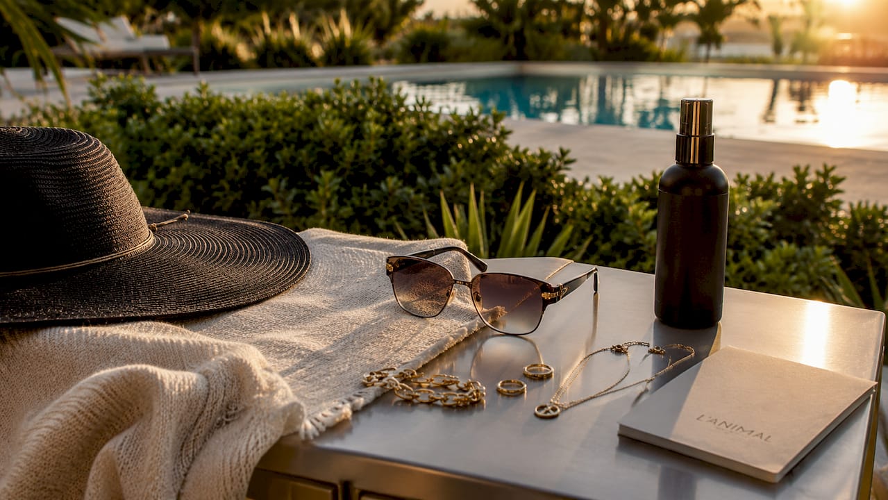 Stylish pool party accessories on wooden table