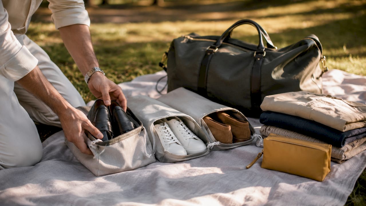 Hands packing shoes into bags near suitcase