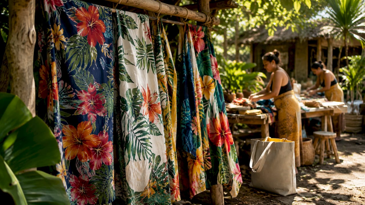Close-up of Hawaiian print fabrics in boutique