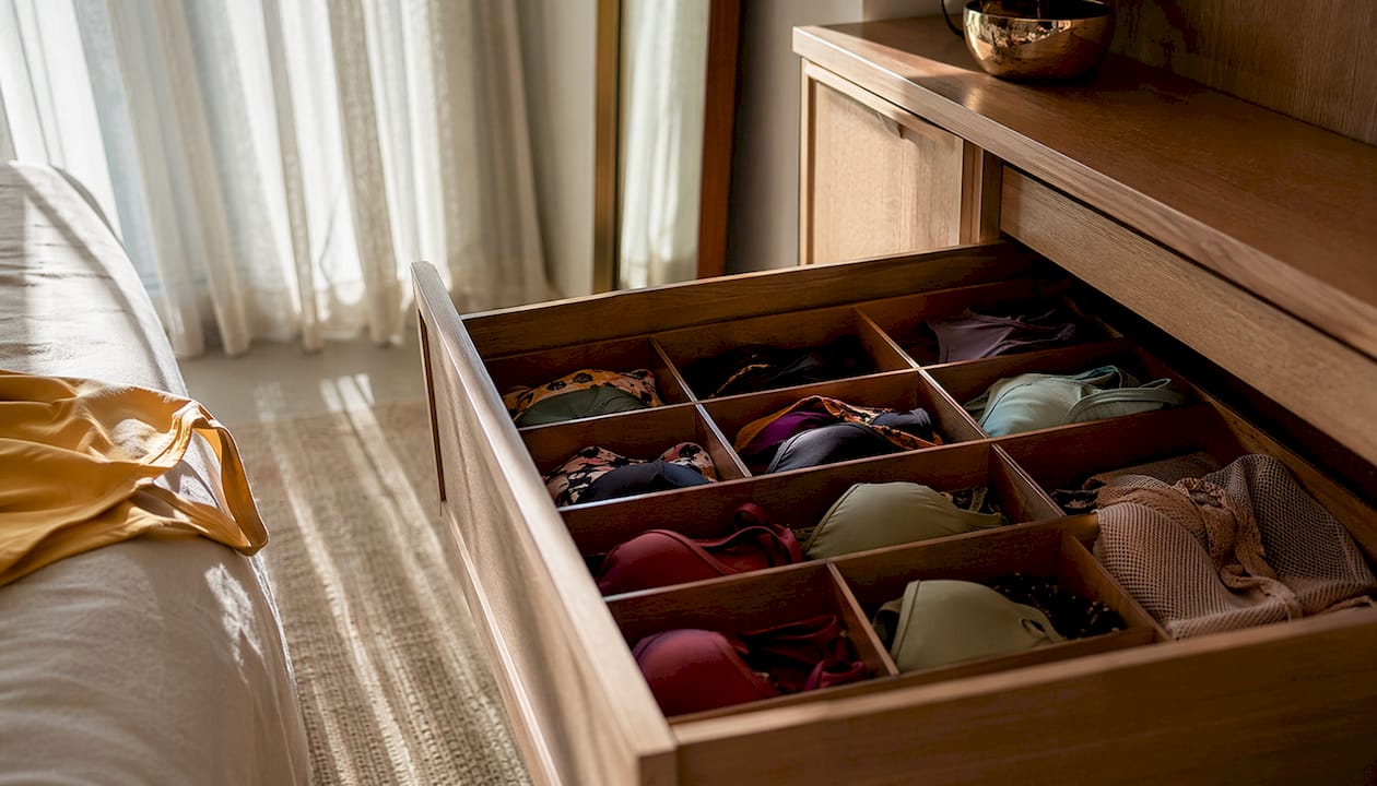 Bikini drawer with dividers and mesh bags