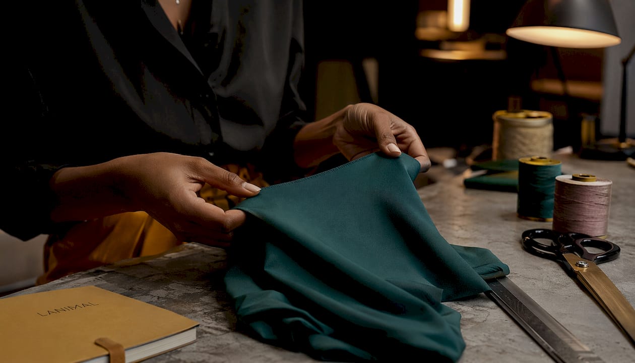 Hands stretching UPF swimwear fabric in workshop