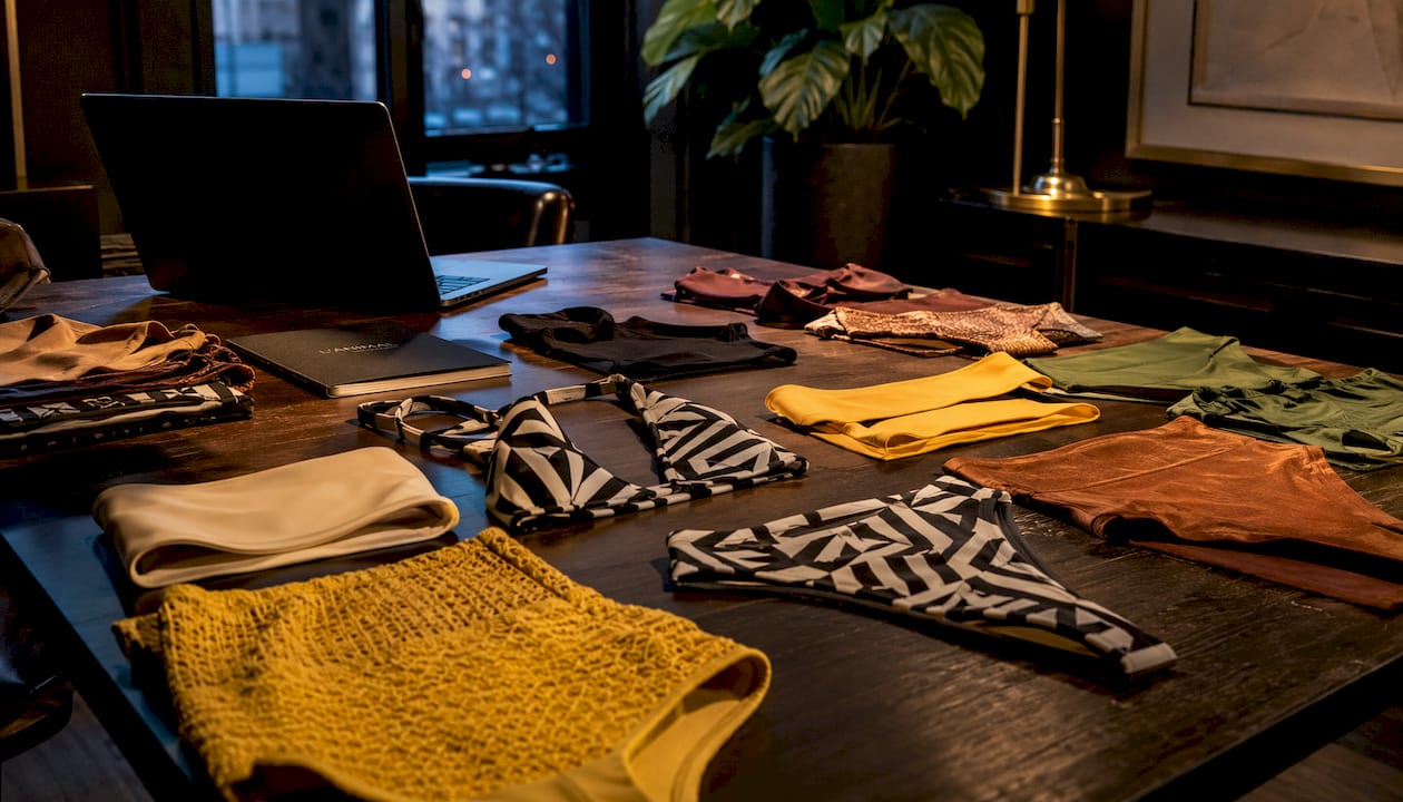 Overhead view of various swimwear fabric samples