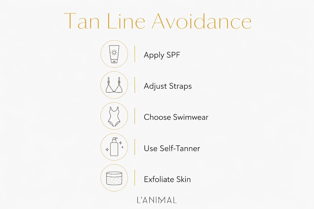 Infographic illustrating bikini tan line avoidance steps