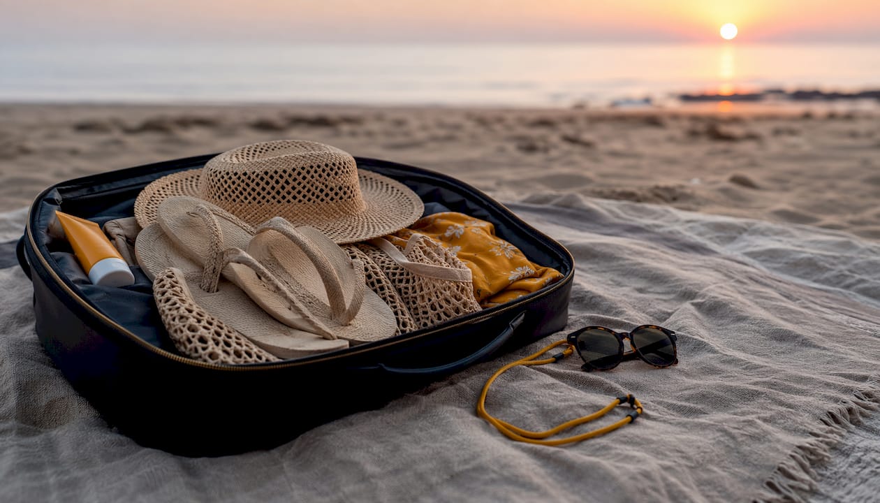 Packed travel bag with footwear and accessories