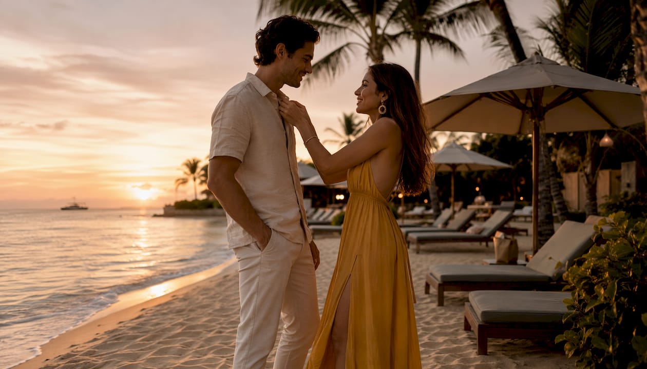 Couple in elegant evening resort attire