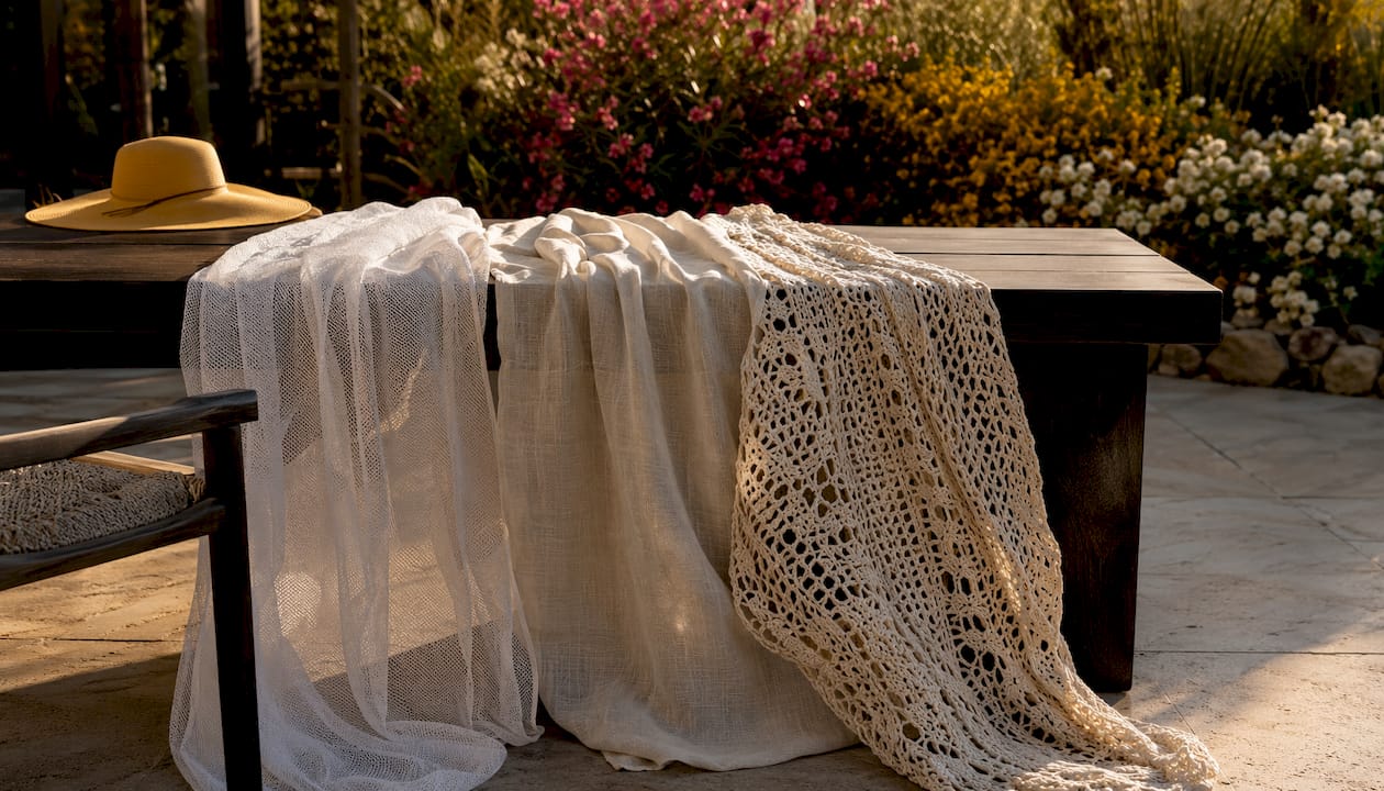 Flat lay of sheer coverup fabric textures and accessories