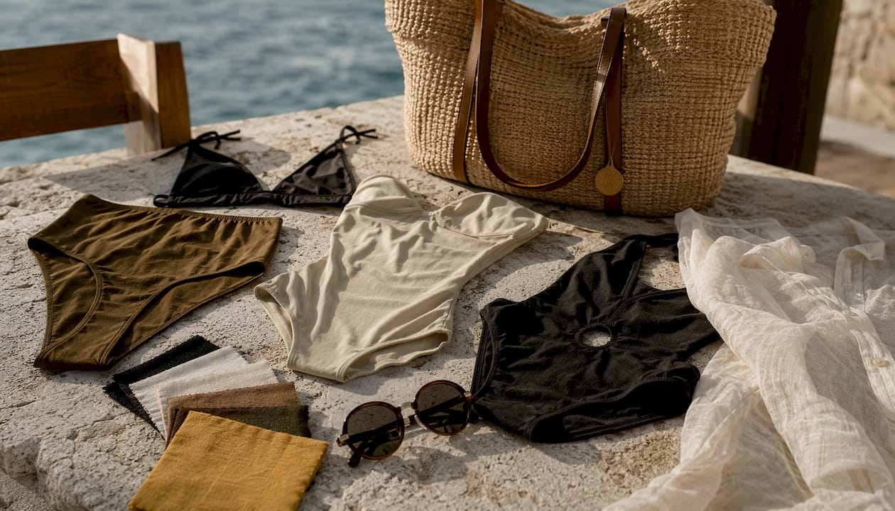 Flat lay of swimwear and travel fabrics