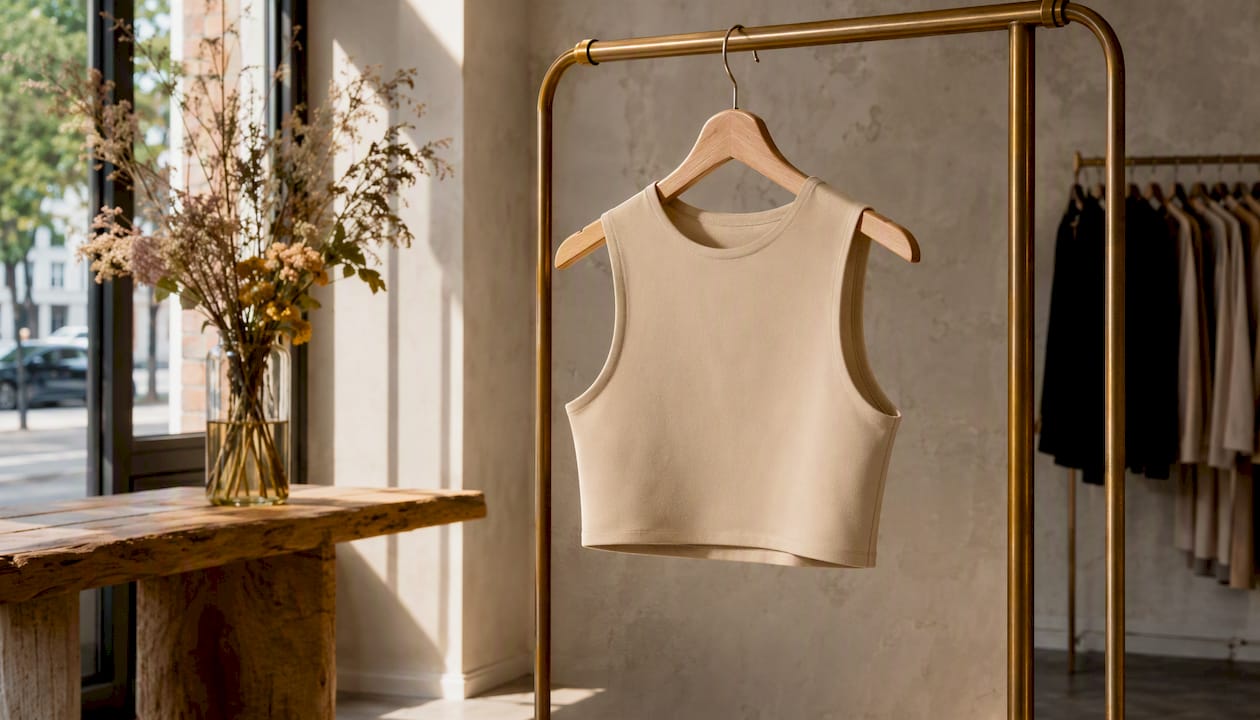 Seamless cropped muscle tank close-up on hanger
