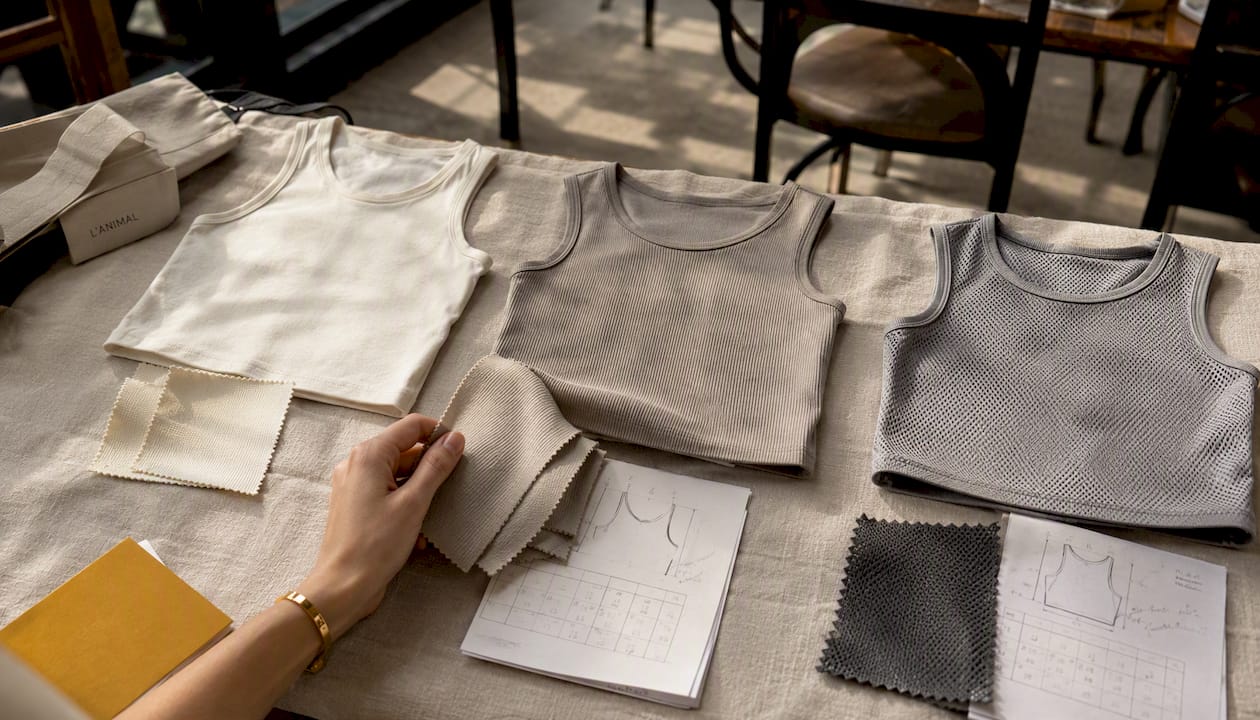 Flat lay of cropped muscle tanks with fabric swatches and size chart
