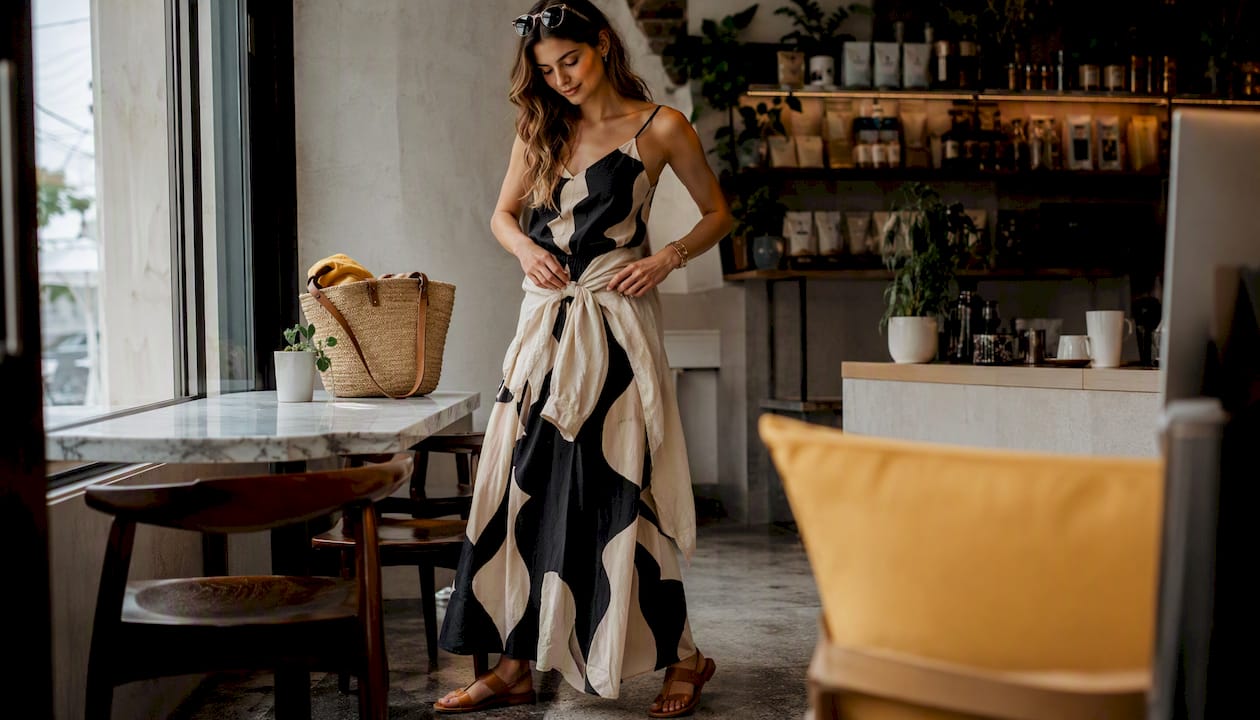 Woman styling black and cream maxi dress outdoors