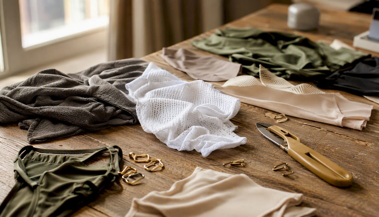 Swimwear fabric swatches on a table