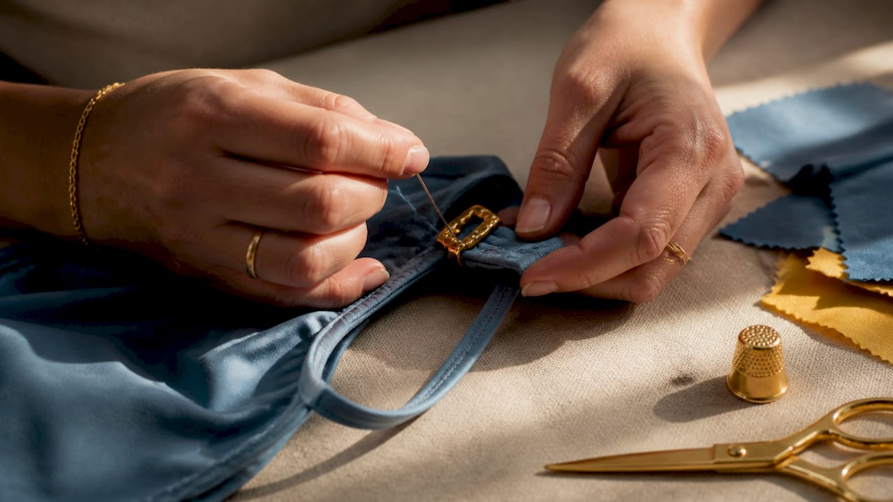Hands repairing a swimsuit clasp by sewing
