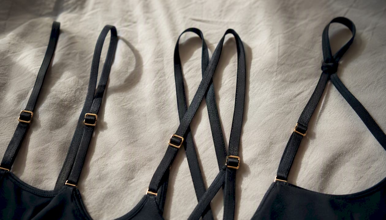 Various convertible swimsuit straps arranged neatly