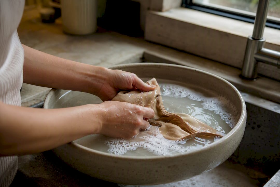Hands gently hand-washing swimwear