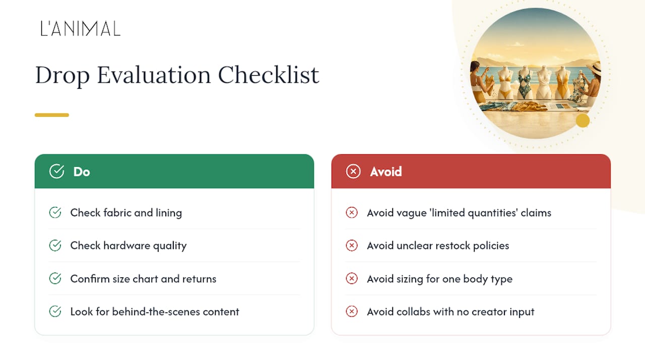 Checklist of evaluation criteria for swimwear collaboration drops