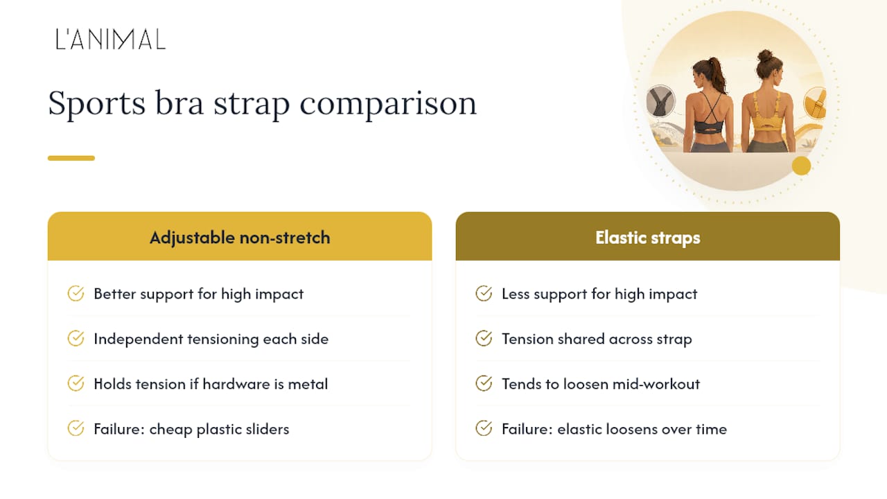 Diagram comparing adjustable and elastic sports bra strap support
