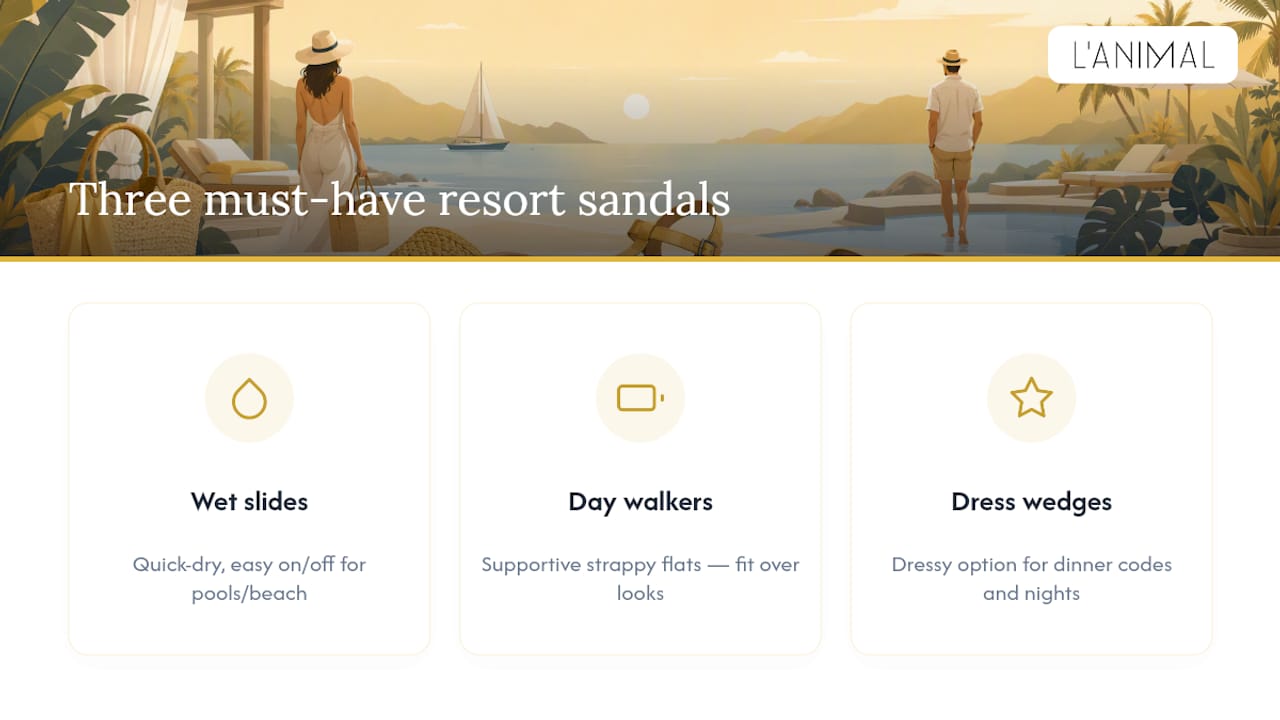 Diagram of three resort sandal types and their uses