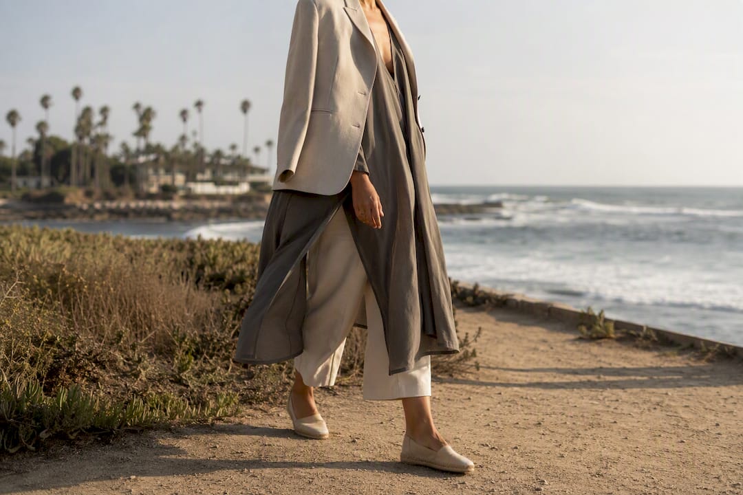 Layered kaftan with trousers and blazer outdoors