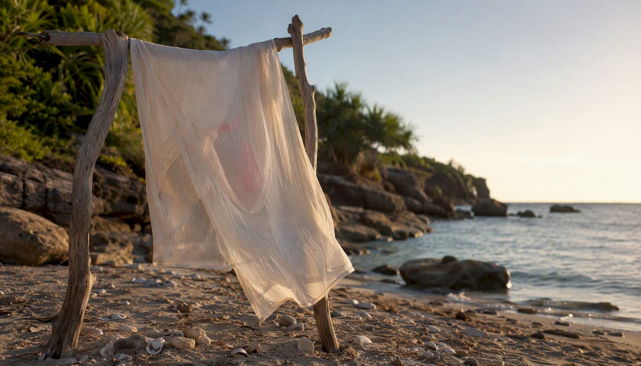 Sheer kaftan draped over towel rack at beach