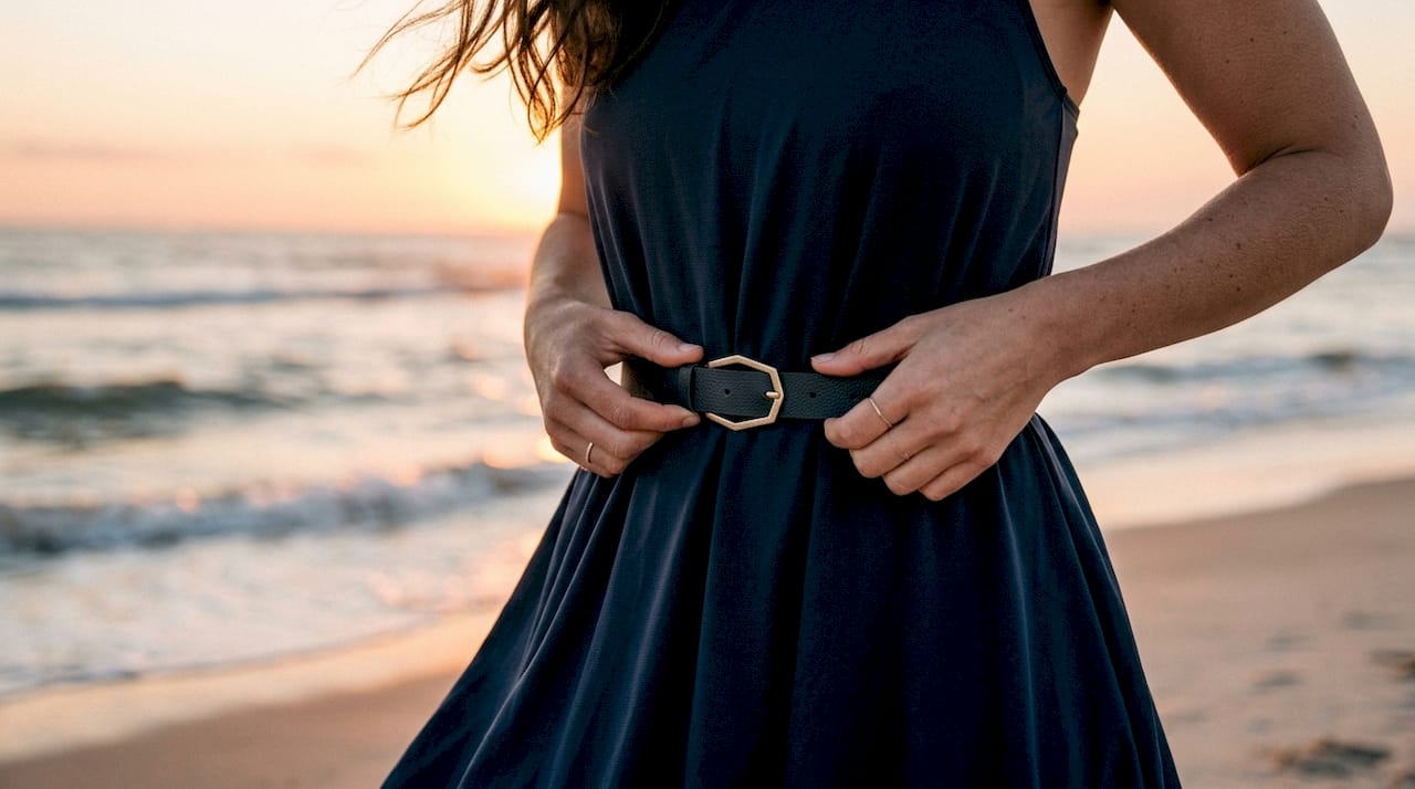 Hands adjusting slim belt over swim dress