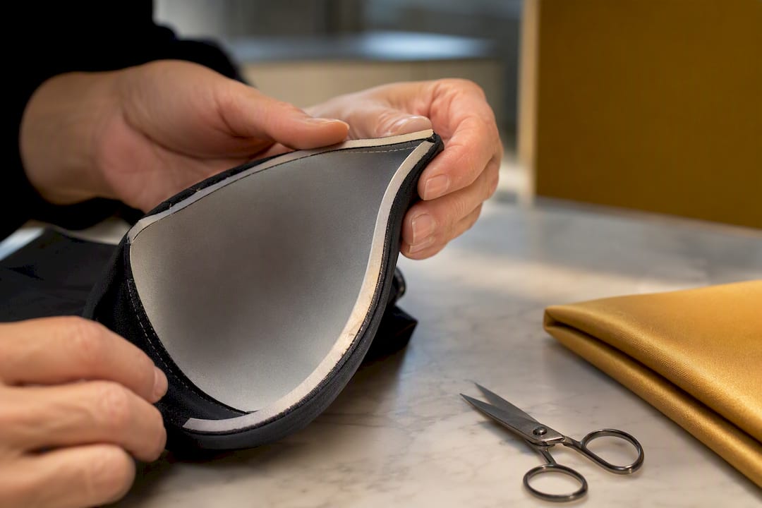 Hands inspecting layered molded swim cup