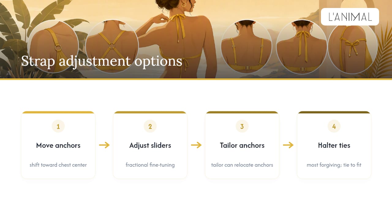 Bikini strap adjustment pathways