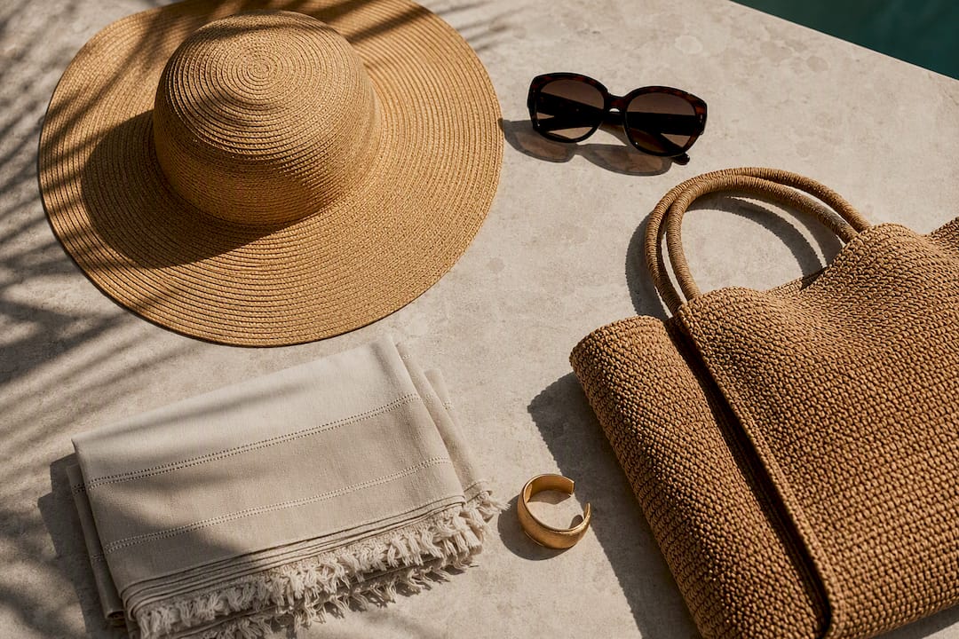 Hat sunglasses and woven tote accessories