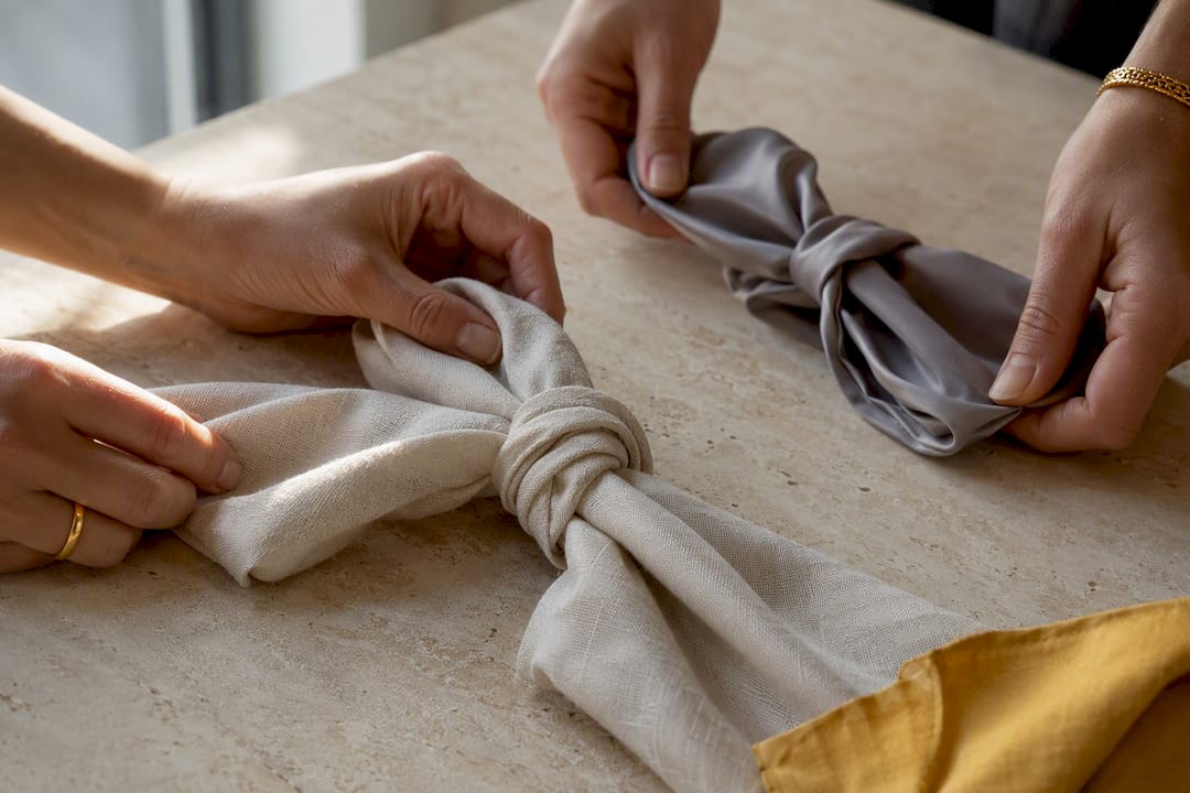 Contrasting sarong fabrics holding different knots