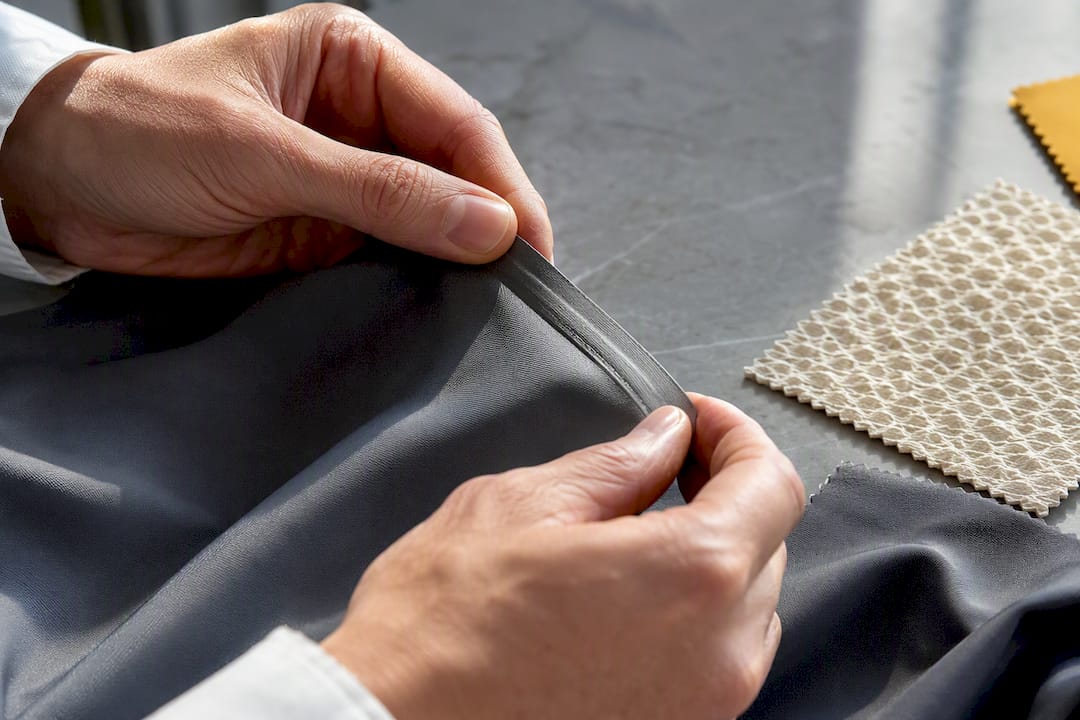 Hands examining bonded swimwear seam construction