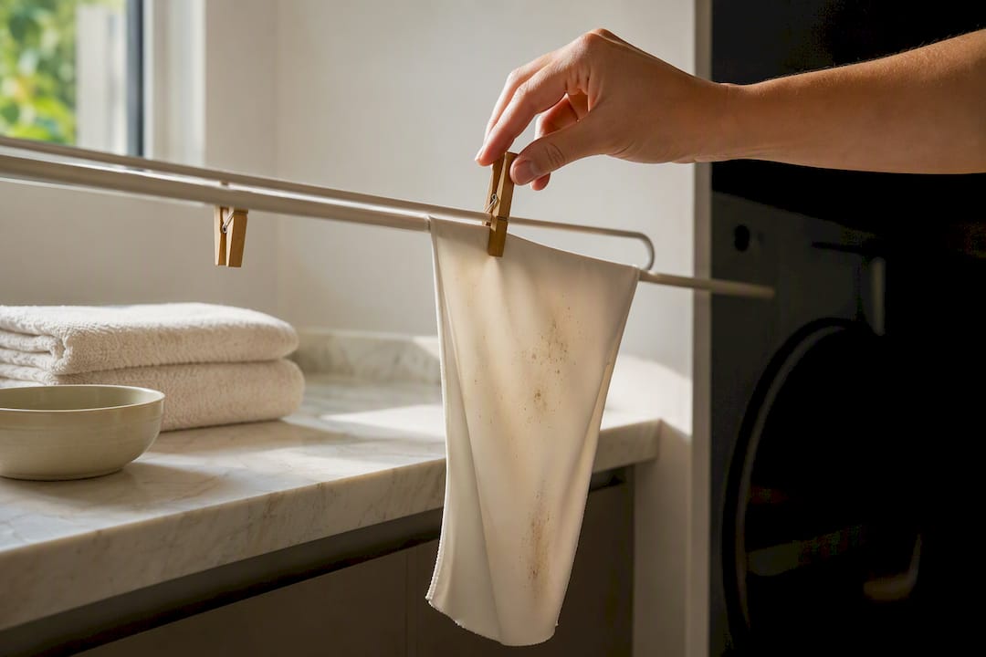 Damp stained swim fabric air drying