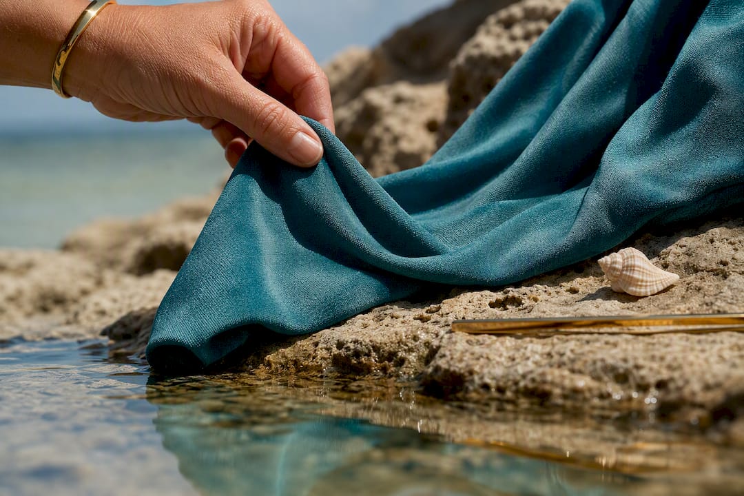 Teal resort textile beside sunlit water