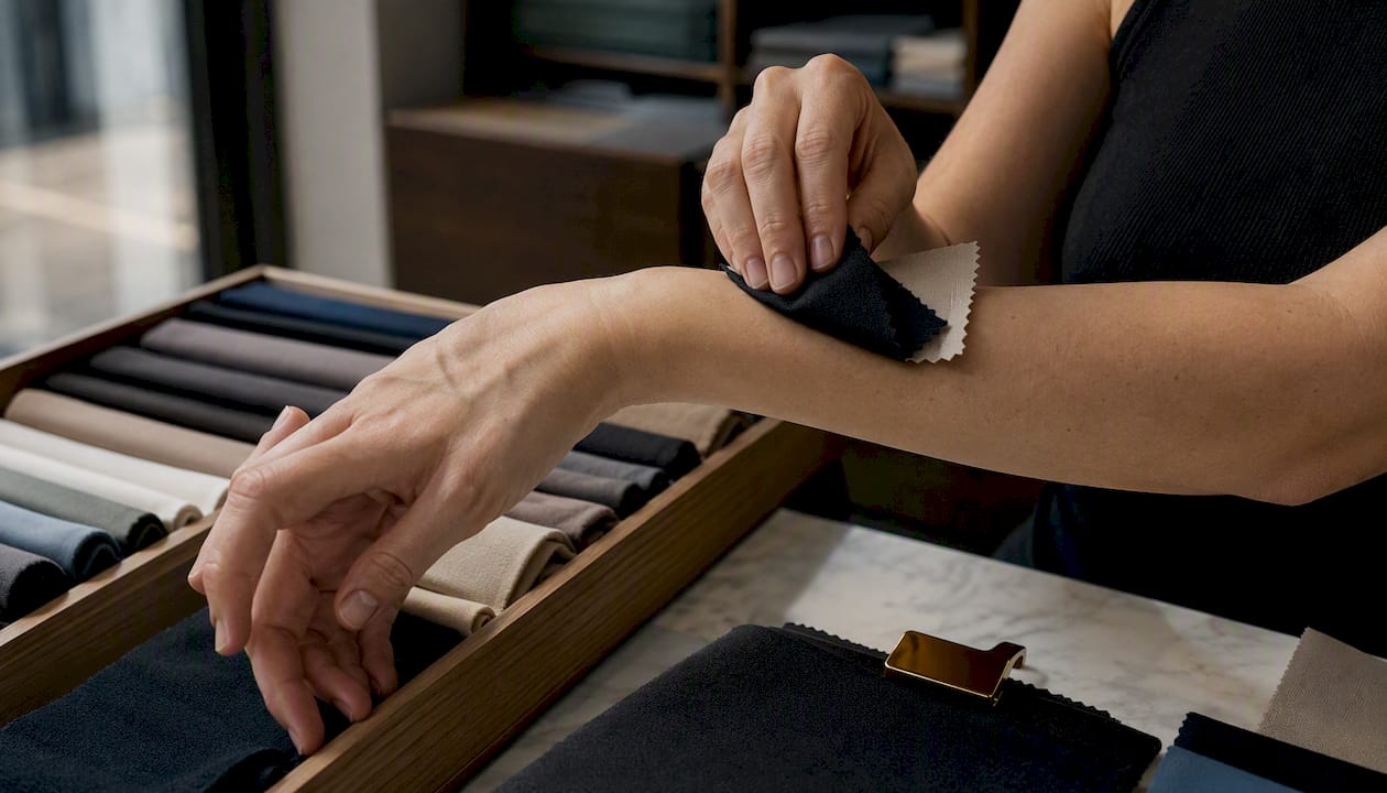 Fabric swatches tested against skin for comfort