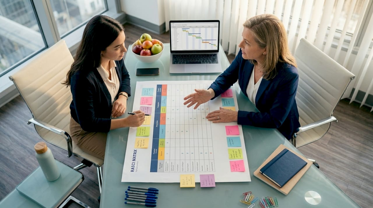 Project manager and analyst reviewing RASCI chart