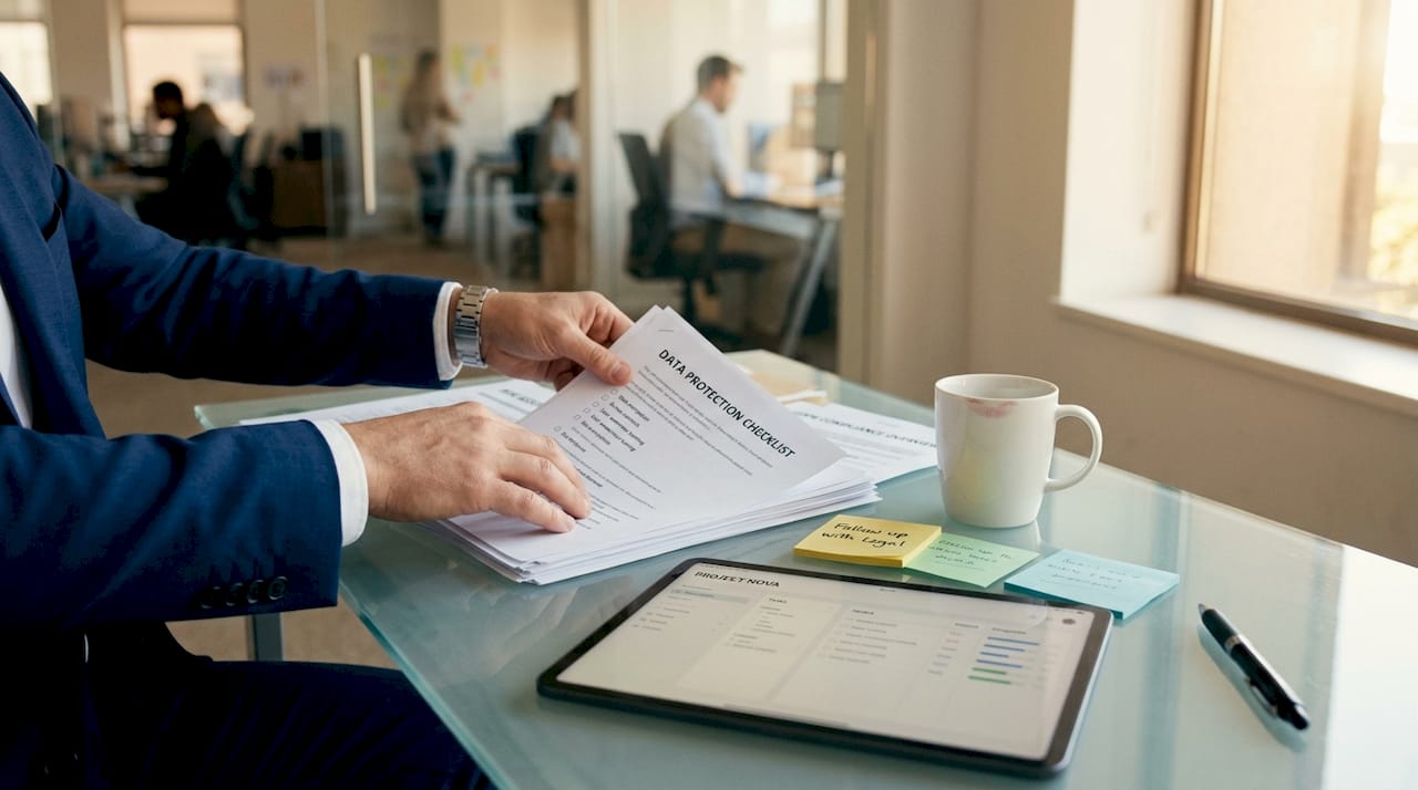 Hands reviewing IT compliance documents on desk