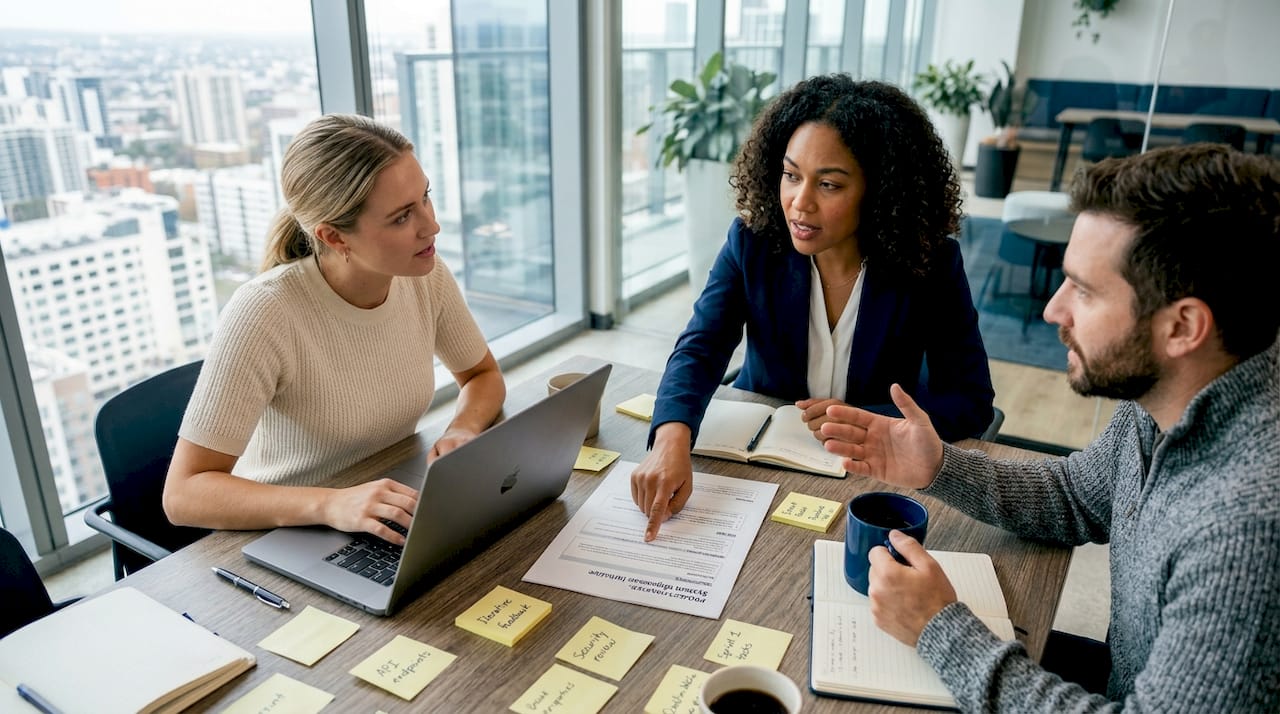 IT team in project initiation meeting around table
