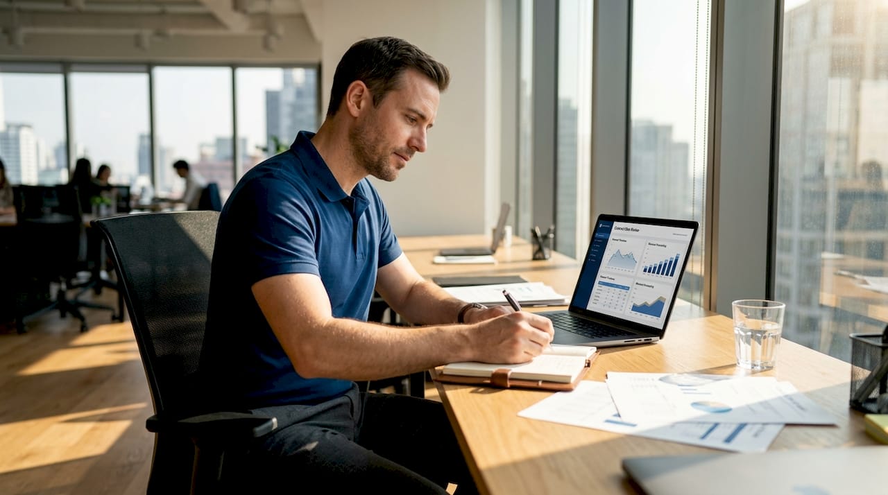 Finance professional analyzing contract data in meeting room