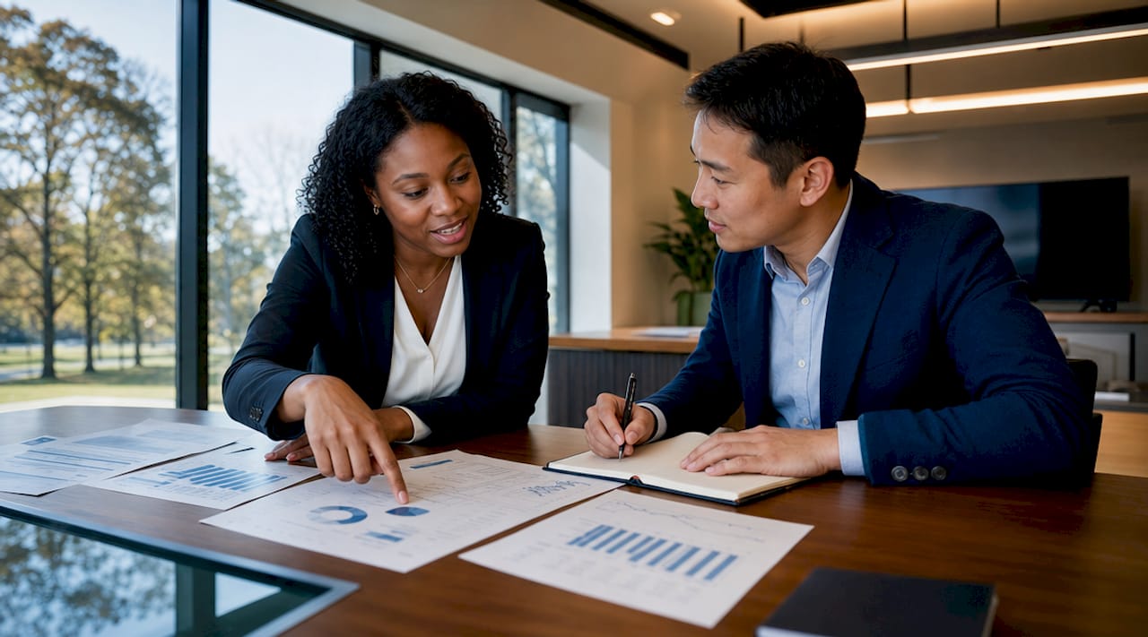 Two professionals discussing negotiation strategies