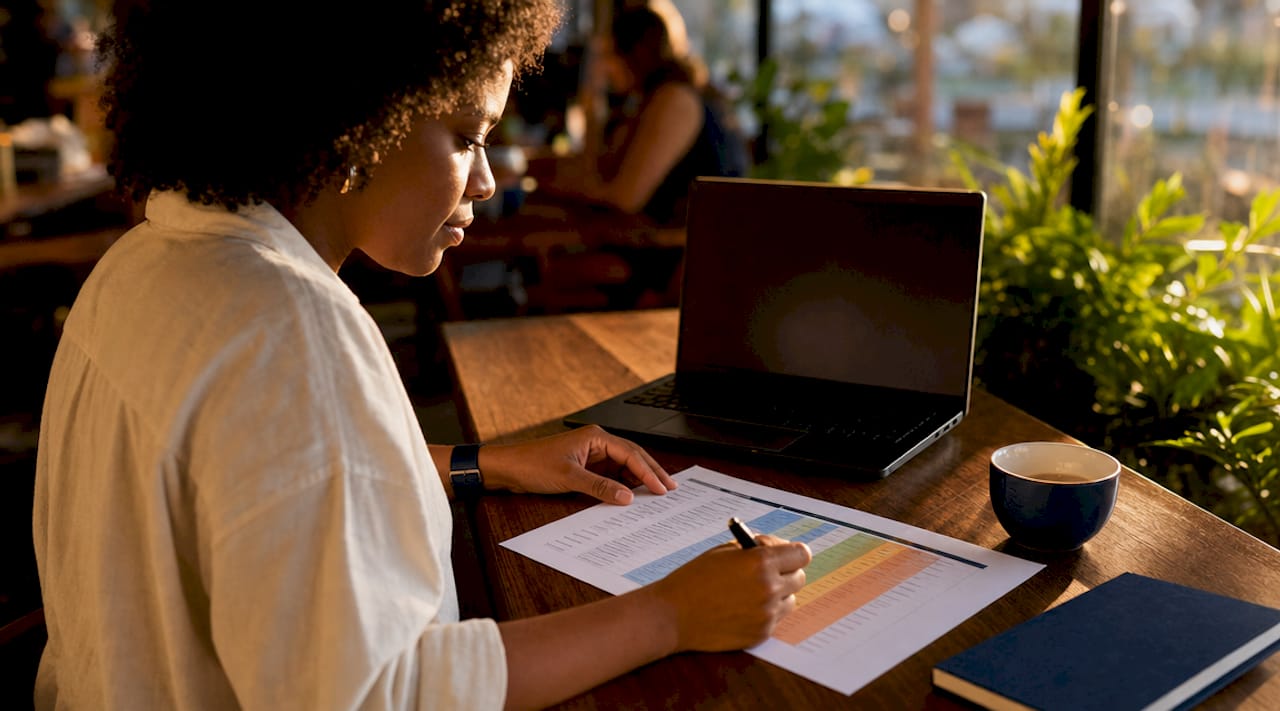 Project manager reviewing compliance matrix at desk