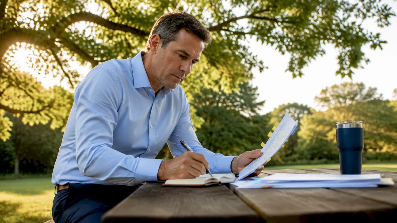 Man evaluating bid selection documents